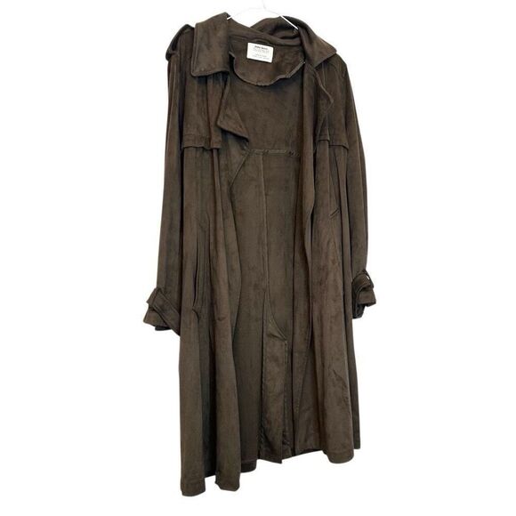 Zara Basic Outerwear Microsuede Wide Collar Belted Trench Coat Brown Size Large - Picture 3 of 4